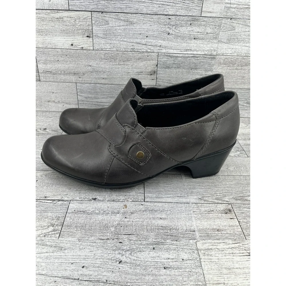 Clarks‎ Bendables Women Size 9.5M Dark Gray Leather Slip On Loafers Block Heel